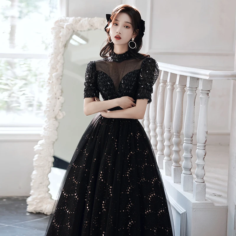 

Black Slim Banquet Evening Dress Half High Collar Puff Sleeve Floor Length Prom Dress Delicate Sequins A-Line Long Party Gown