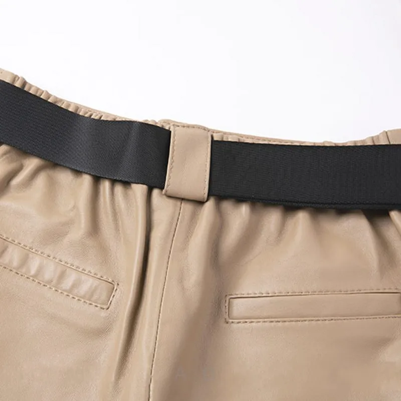 

Genuine Leather Shorts Womens New Fashion Loose High Waist Wide Leg Shorts Pockets Sheepskin Korean Style Vintage Shorts