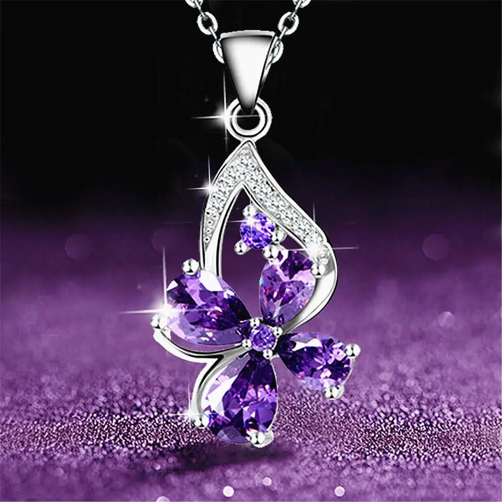 

Clover purple crystal amethyst gemstones diamonds pendant necklaces for women white gold silver color choker jewelry bijoux gift