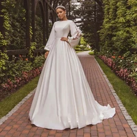 designed white stain wedding dress o neck lantern long sleeve floor length flower applique bridal gowns vestidos de novia