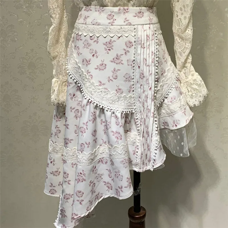 Autumn Runway Designer Two Piece Set Women Long Sleeve Lace Blouse+ Irregular Printed Skirt Set