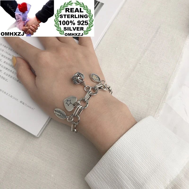 

OMHXZJ Wholesale HB93 European Fashion Hot Woman Birthday Party Gift Vintage Crown Heart Charm 100% 925 Sterling Silver Bracelet