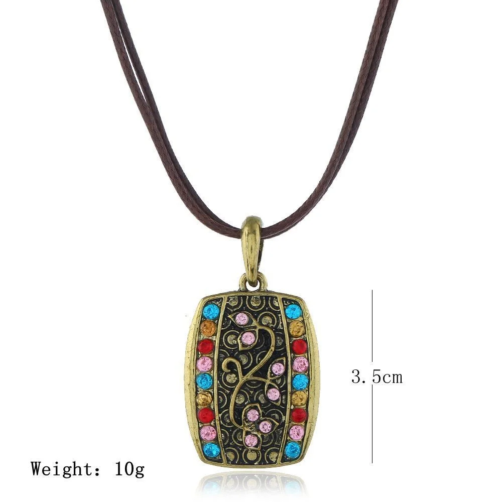 Boho Ethnic Necklace 2020 New Fashion Bohemian Vintage Geometric Square Carved Flowers Rhinestones Leather Rope Pendant | Украшения и