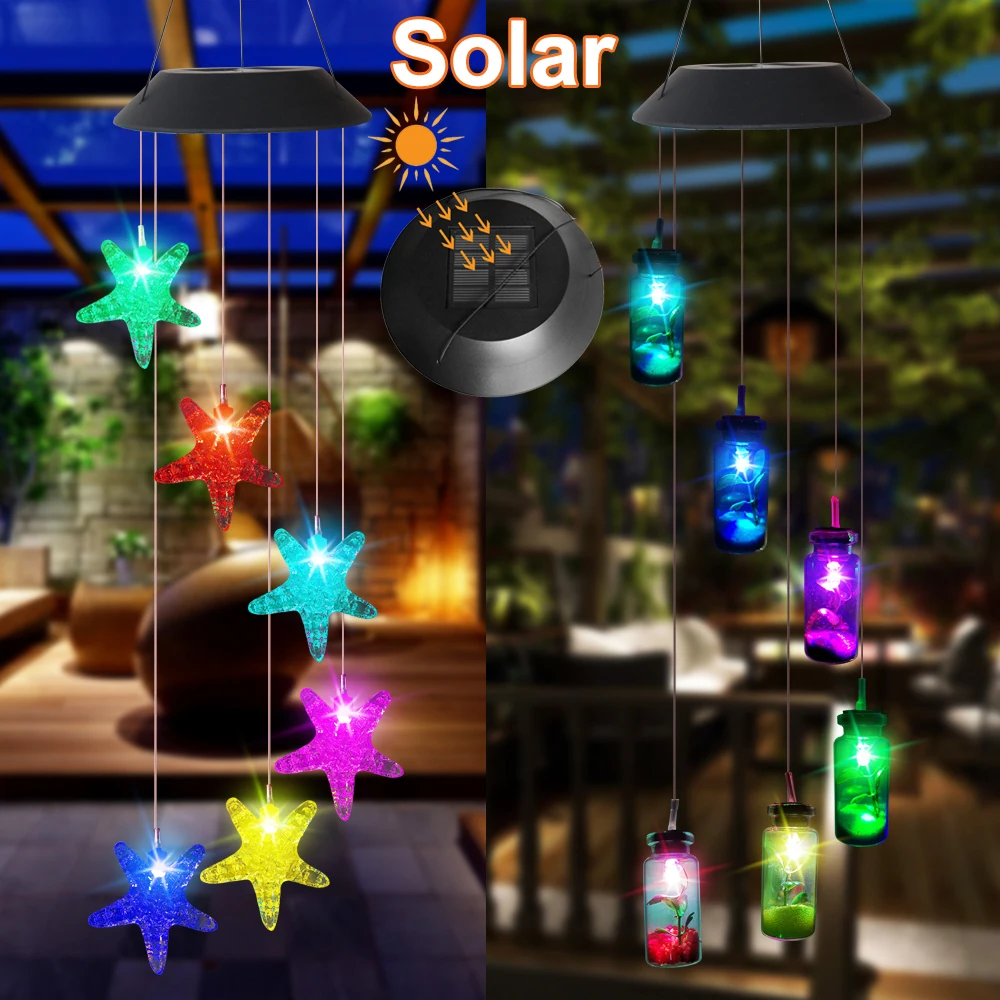 

LED Solar Powered Sea Starfish Wishing Bottle Wind Chimes Light Home Garden Hanging Lamp Outdoor Waterproof Decorative Light Q30