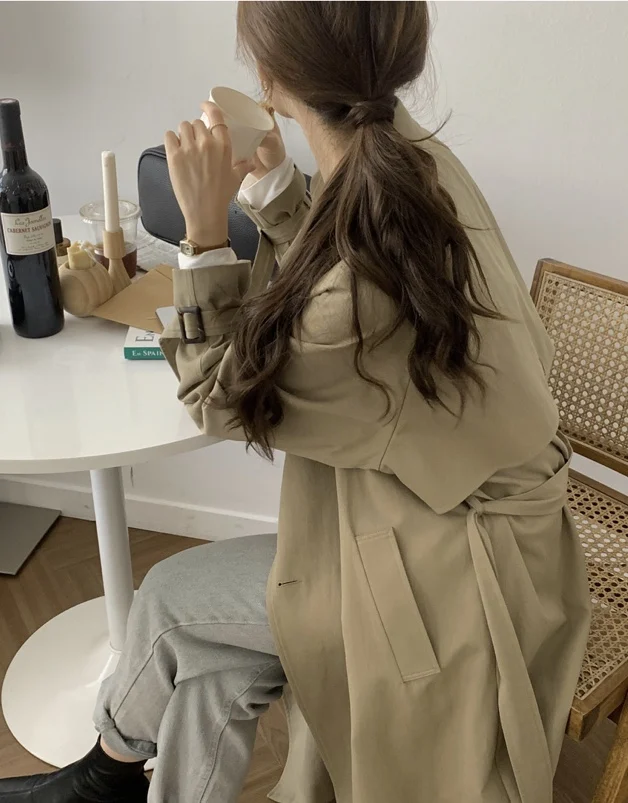 

High quality ladies Khaki Black classic female Long Trench Coat casual loose oversized outerwear