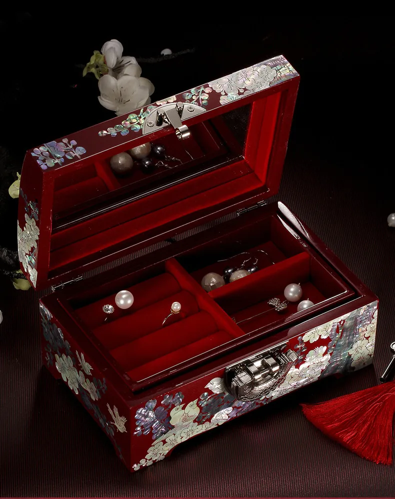 Hand Made Abalone Shell-linlaid Mosaic Jewelry Box Storage Lacquerware Lacquer Arts with Lock 18.2 x 11.2 x 8.6cm Wedding Gift