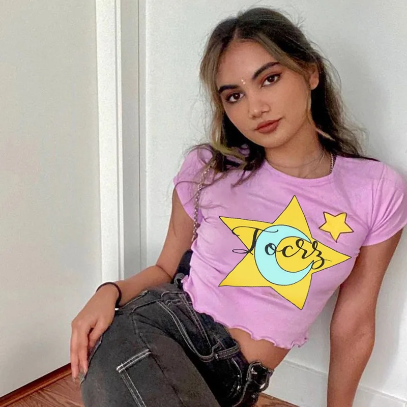 

Cartoon Star Moon Print Casual Fashion Woman Tshirt Khaki O-neck Half Sleeve Stretchy Tees Summer Home New Hot Good Quality