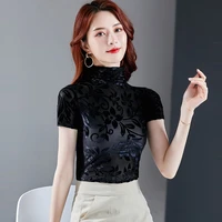 aossviao velour blouse 2022 summer women shirts short sleeve turtleneck basic lady warm vintage floral blusas femme korean tops