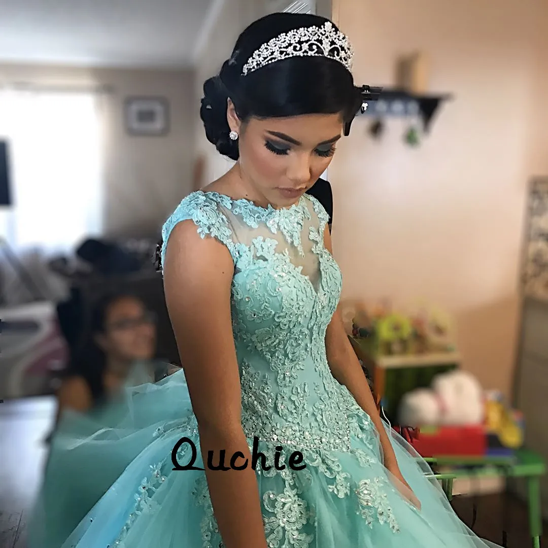 

Sky Blue Quinceanera Dresses Ball Gown Appliques Cap Sleeves Lace Up Sweet 16 Dresses Vestidos De 15 Years