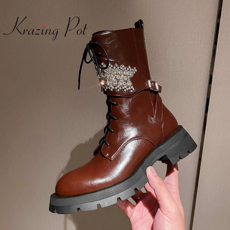 

krazing pot new genuine leather high quality round toe med heel rhinestone pretty girls dating sweet fashion mid-calf boots L51