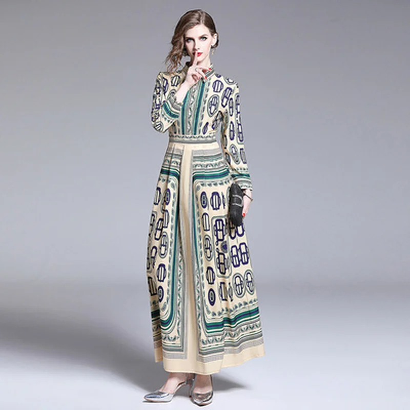 

2020 Autumn Winter Women Fashion Design Runway Dresses Long Sleeve Plus Size Vintage Print Shirt Dresses Elegant Slim Long Dress