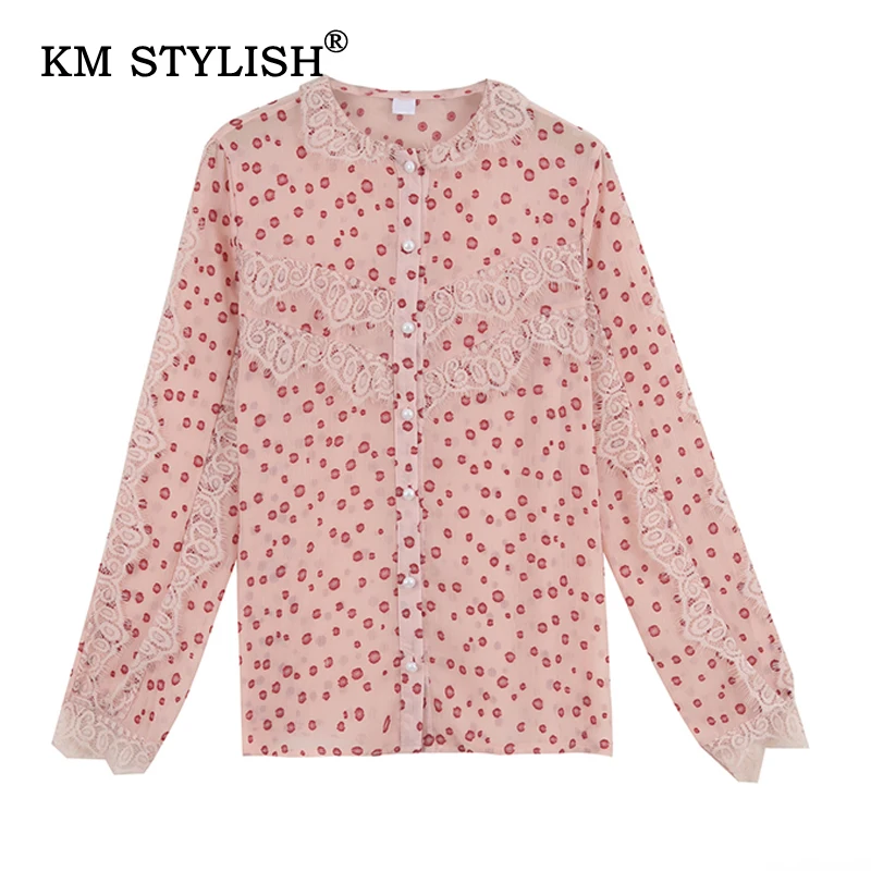 

New Women O-neck Polka Dots Chiffon Blouse Long-sleeve Eyelash Lace Ruffles Shirts Female Fashion Tops