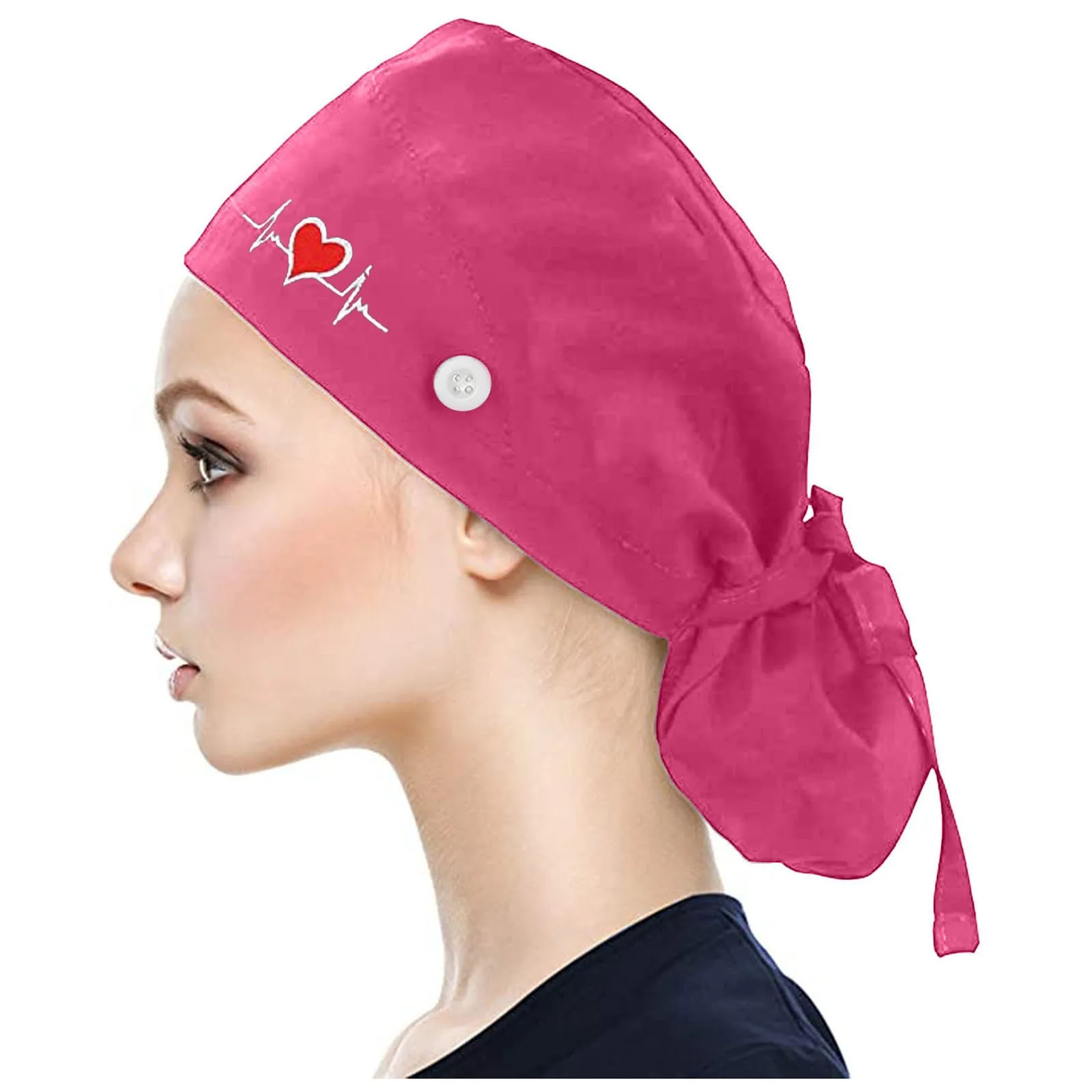 

Cotton Sanitary Cap Unisex Nurse Hat Scrubs Cap With Buttons Bouffant Hats With Sweatband Heart Print Adjustable Working Hat A50