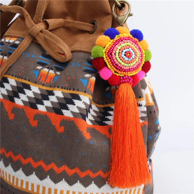 

Bohemian Handmade Bag Pendant Colorful Bead Tassels Plush Ball Key Chain Women Charm Pompom Keychain Accessories
