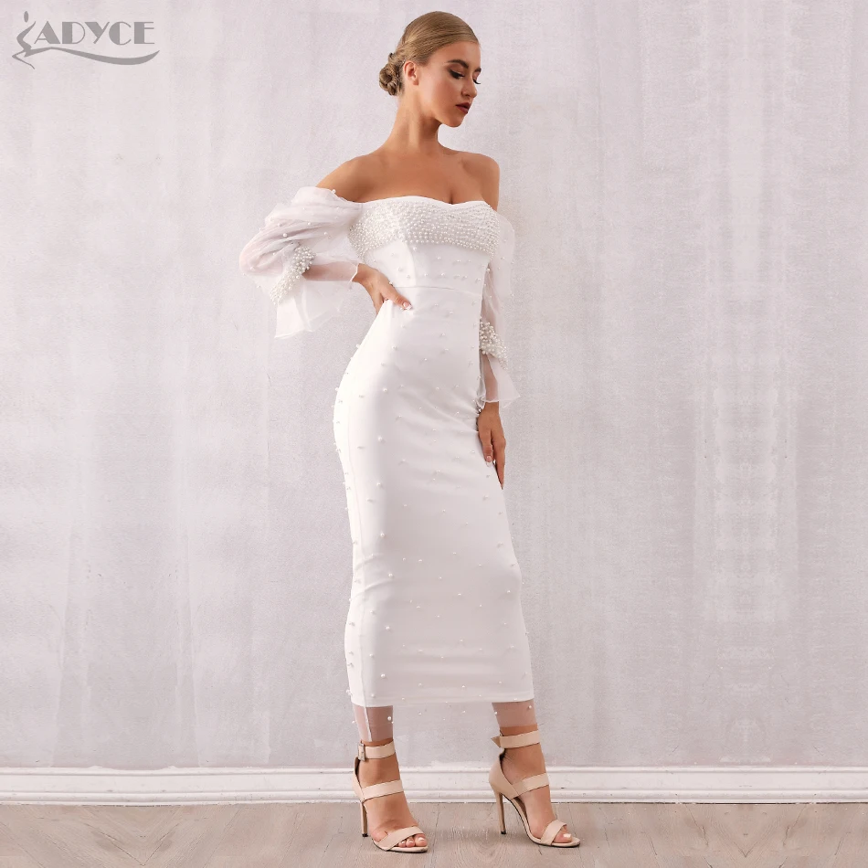 Adyce новое зимнее женское облегающее вечернее платье знаменитостей vestidos сексуальное черное с длинным рукавом с открытыми плечами жемчужные кружевные Клубные платья