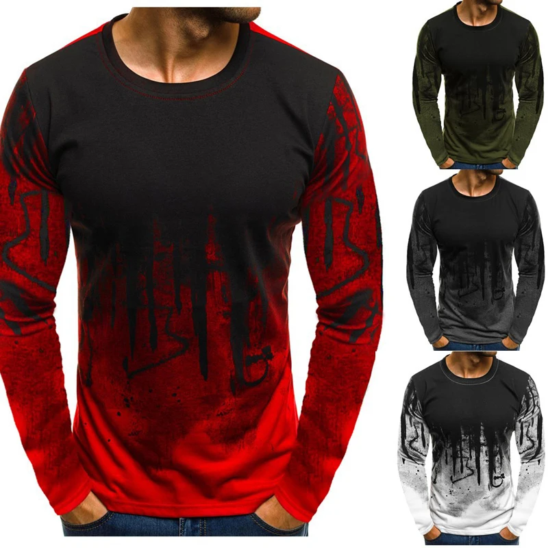 Fashion Printing Men Fitness T-shirt Long Sleeve Round Neck Casual Spring Tops Long Sleeve Round Neck Casual Spring Tops