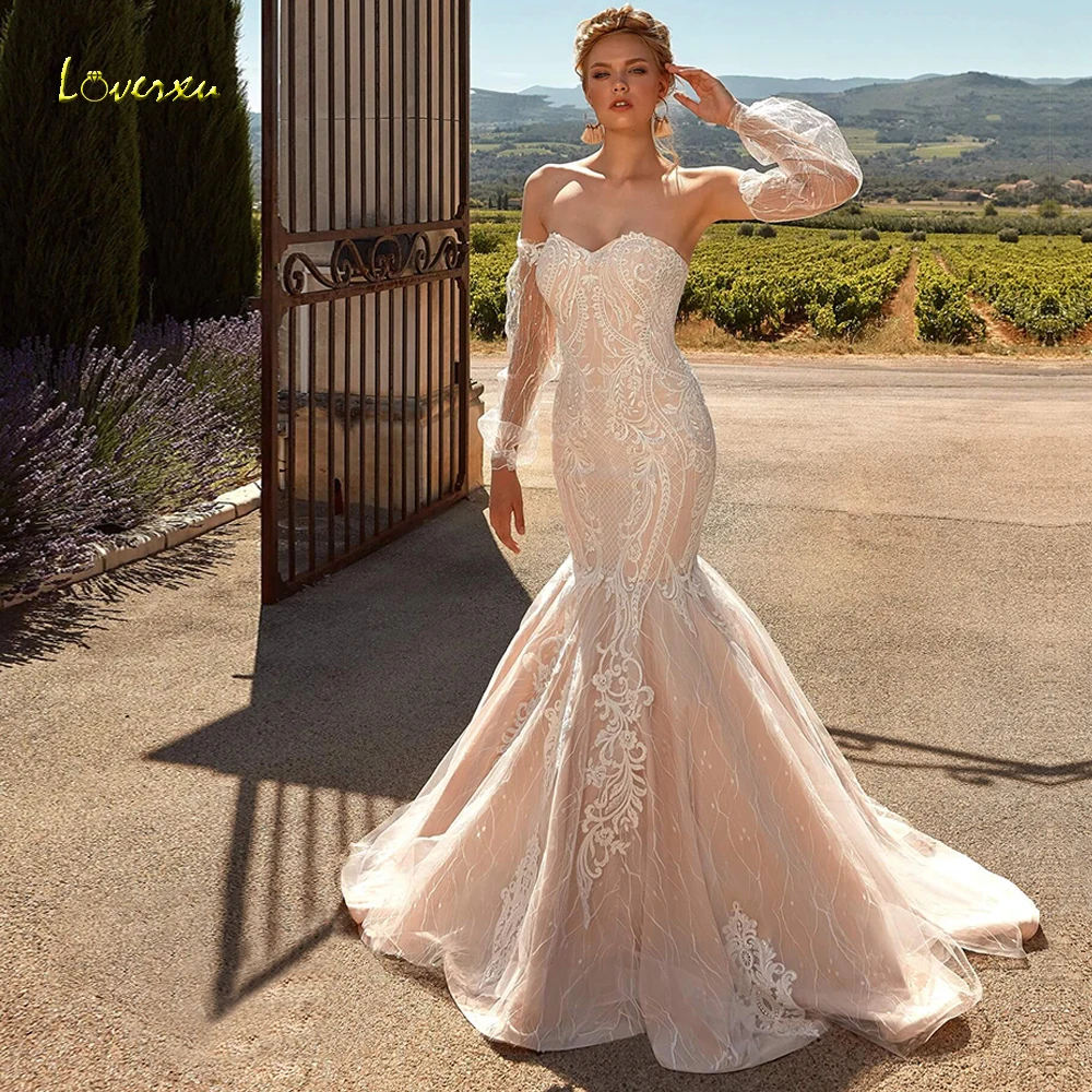 Loverxu Милая Русалка Кружева Свадебные платья Шикарные аппликации длинный фонарь