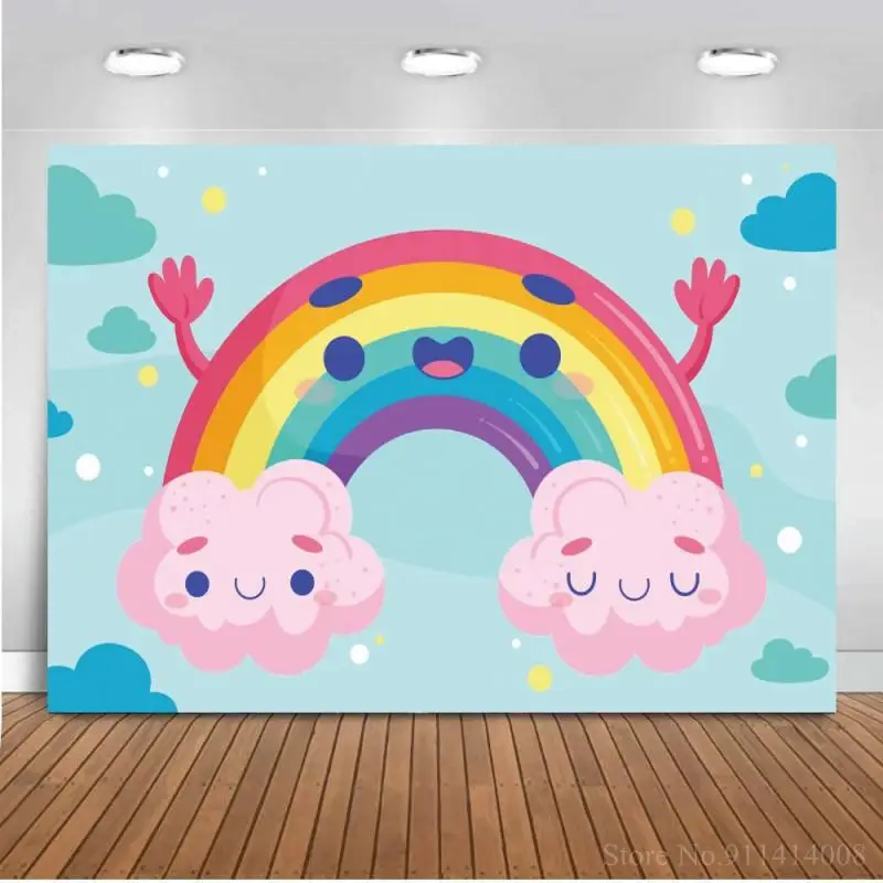 

Smile Rainbow Baby Pink Cloud Newborn Photo Background Baby Shower Room Decor Blue Kids Birthday Portrait Backdrops Vinyl