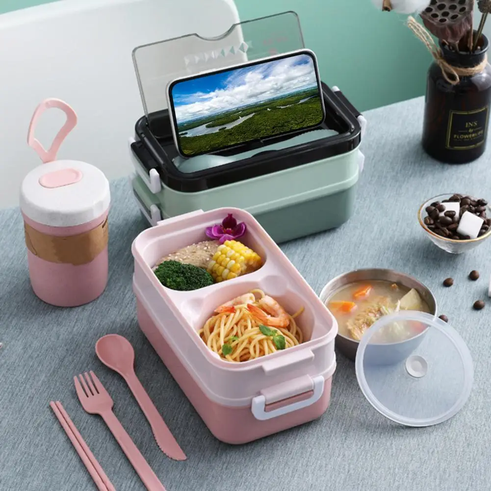 

1 Set Sturdy Large Capacity Double-layer Lunch Bowl Container Stainless Steel Food Storage Box Safe for Students