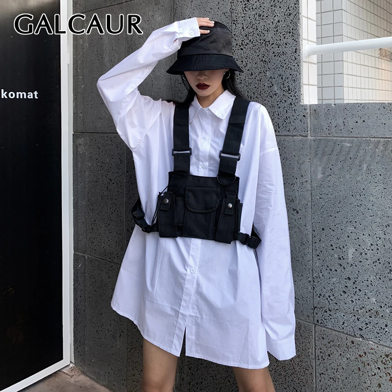 

GALCAUR Korean Fashion Two Piece Set Womens Black Vests Lapel Collar Long Sleeve Minimalist Solid Blouses Female Sets Clothing