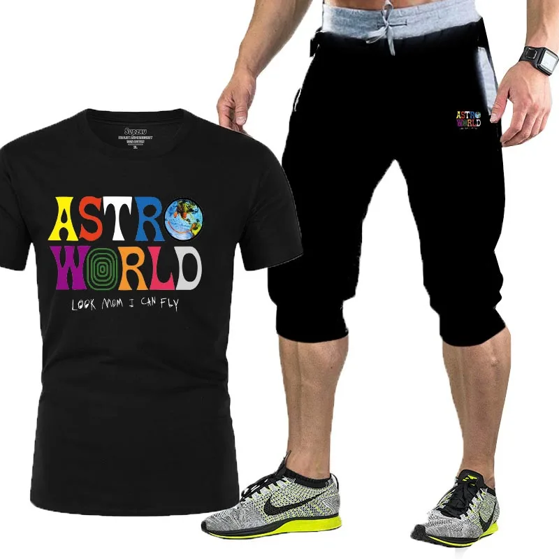 

2021 new men's summer casual wear T-shirt + pants two casual sportswear men's Travis Scott Astrowald brand clothing