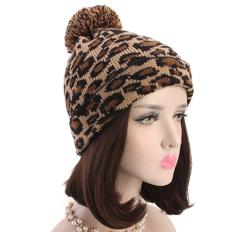 

Women Winter Knitted Beanie Hat Ear Warmer Vintage Leopard Pattern Jacquard Stretch Cuffed Ski Skull Cap with Pom Pom