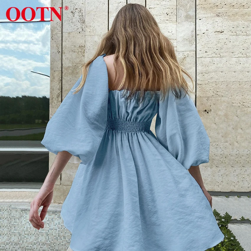 

OOTN Square Neck Lantern Long Sleeve High Waist Mini Sundress Women Sweet Fit Flare Pleated Blue Casual Dress Lady Spring Autumn