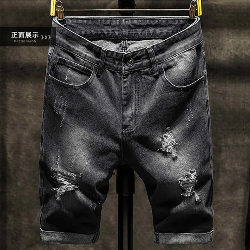 Джинсовые шорты мужские с дырками приталенные повседневные модные ковбойские
