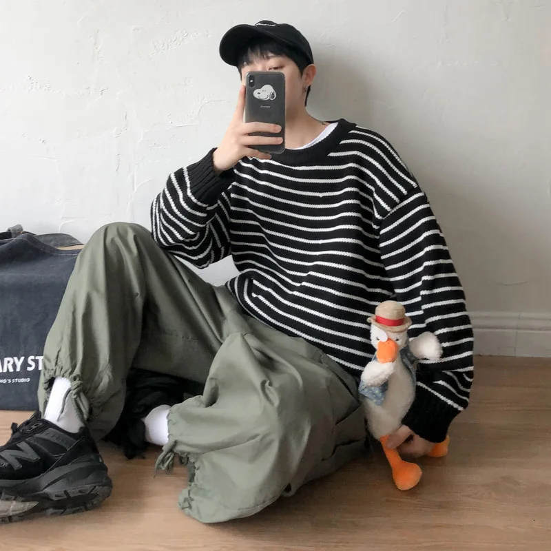 Полосатый свитер мужской модный Повседневный вязаный пуловер с круглым вырезом