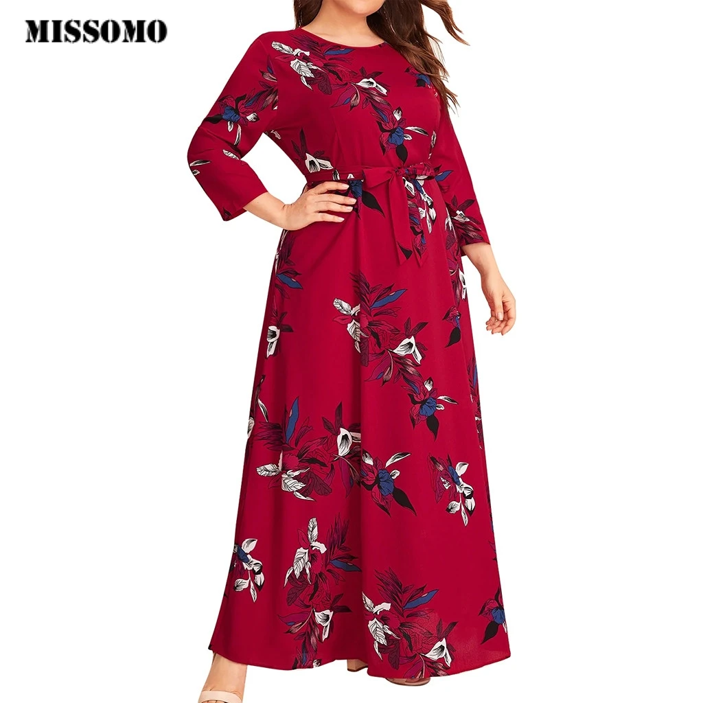 MISSOMO Plus Size 5XL dress Women maxi dress Casual Floral Print O-Neck Long Sleeve Bandage long Dress with belt vestidos 813
