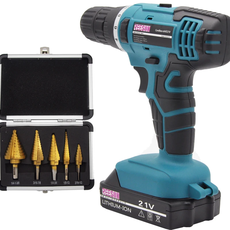 

21V Household DIY Woodworking Lithium-Ion Battery Cordless Drill Driver Power Tools Electric with 1kit Step Drill