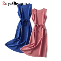 suyadream woman solid color mid dress 100silk crepe sleeveless sashes dresses 2021 spring summer chic dresses green blue red