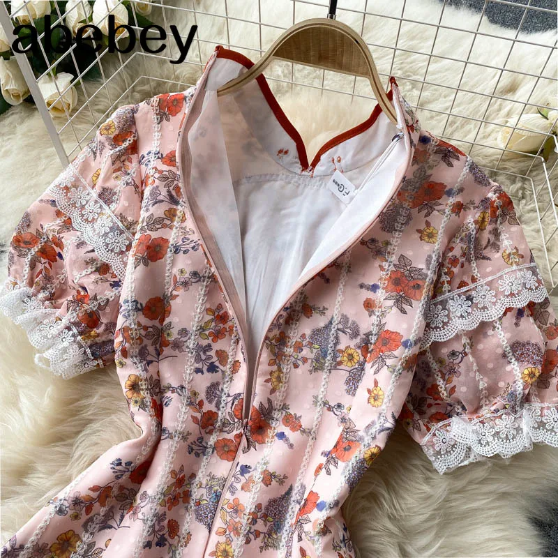 

Women Design Print Dress Korean Fashion Puff Sleeve Slim Party Dress Summer Chic Streetwear Split Short Dress