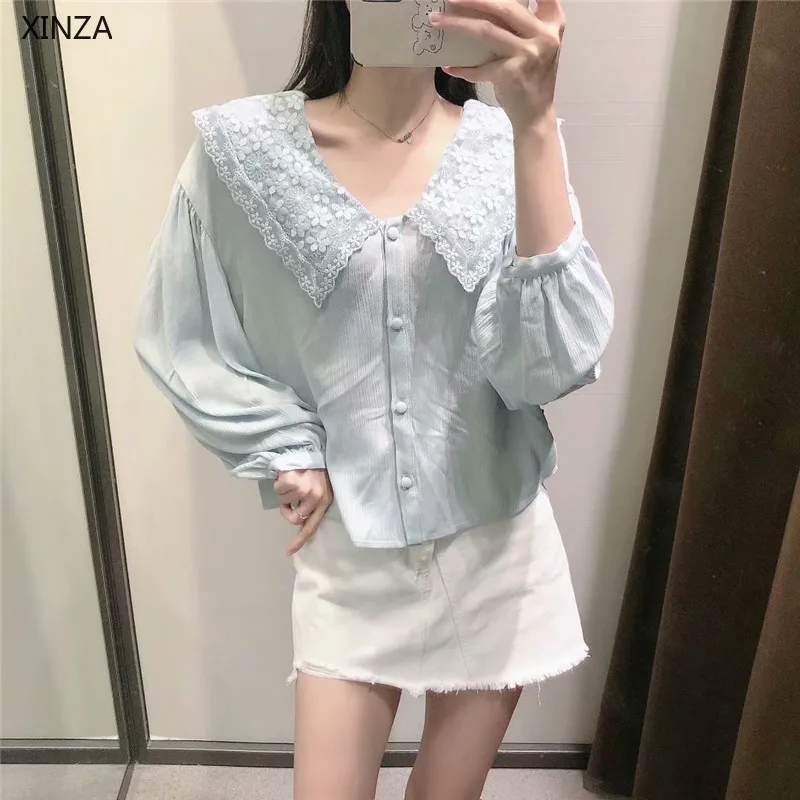 

2021 Za Women Blue Embroidered Blouse Summer Long Puff Sleeve Lapel Embroidery Shirt Button Up Loose Top Vintage Women Blouses