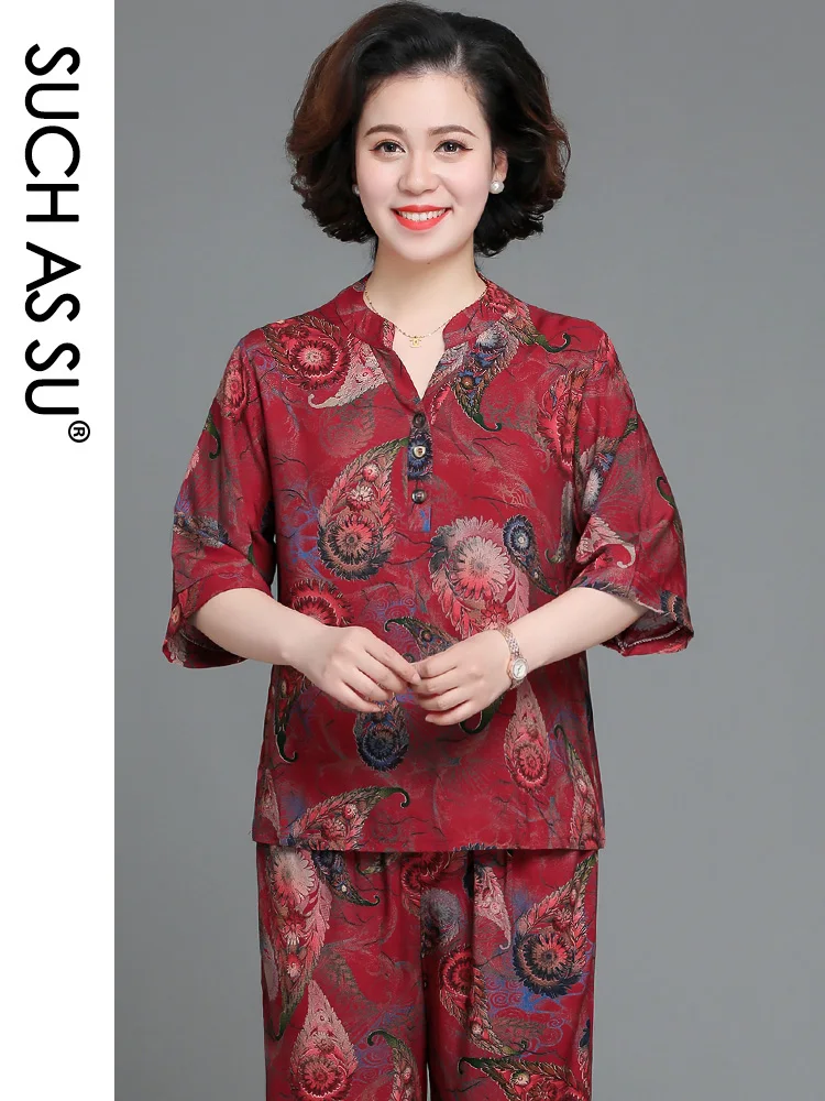 

SUCH AS SU Women 2021 Summer V-Neck Multicolor Temperament Top+Pants Two Piece Suit Casual Ladies Plus Size Mother Suits 15804