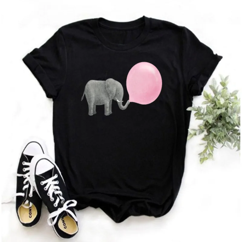 

Mayos Women’s T-shirt Summer Cute Cartoon Elephant Print Short Sleeve O-Neck Casual TShirts Top Basic Tee