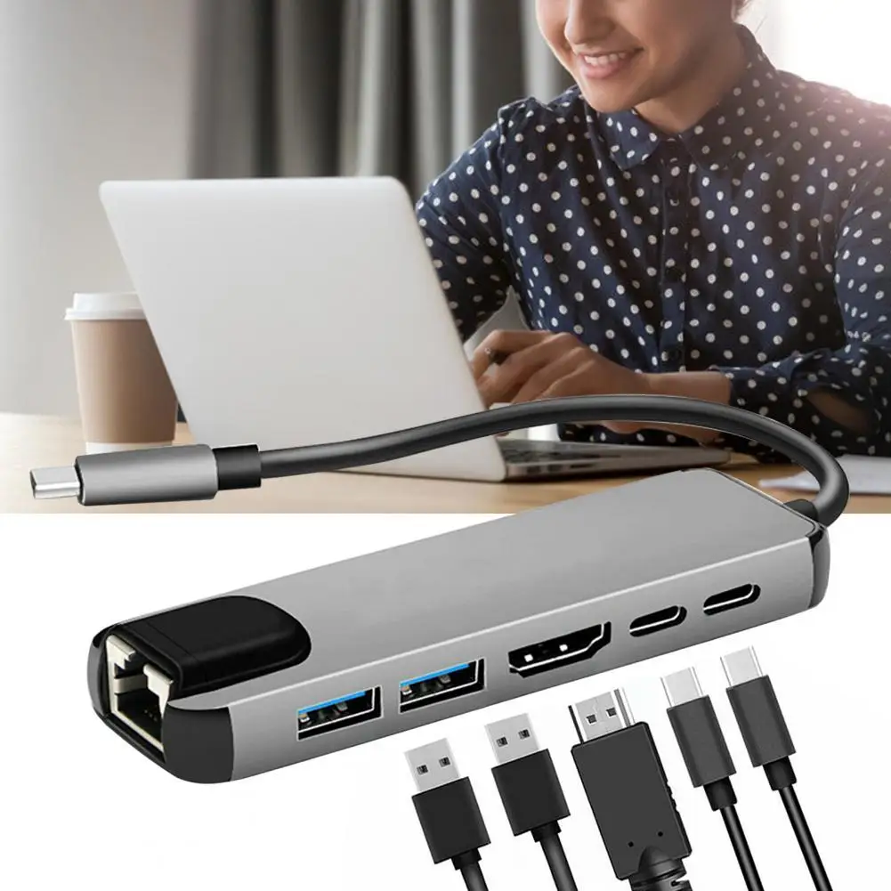 

USB-C Hub Adapter Portable Multi-port 6-in-1 Type-C Adapter With 4K HDMI-Compatible RJ45 Ethernet Lan For Nintendo Switch Laptop