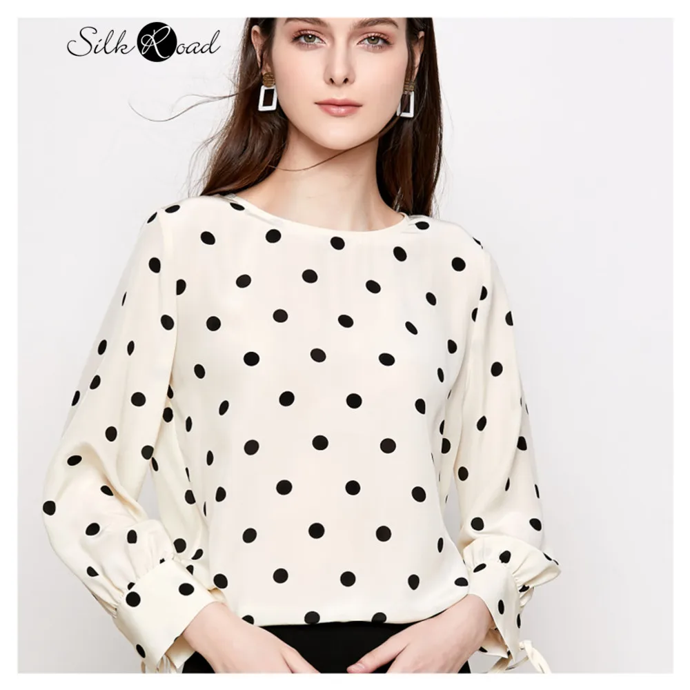 Silviye Polka Dot mix back tie silk shirt women's spring 2020 new 100 silk round neck Pullover T-shirt