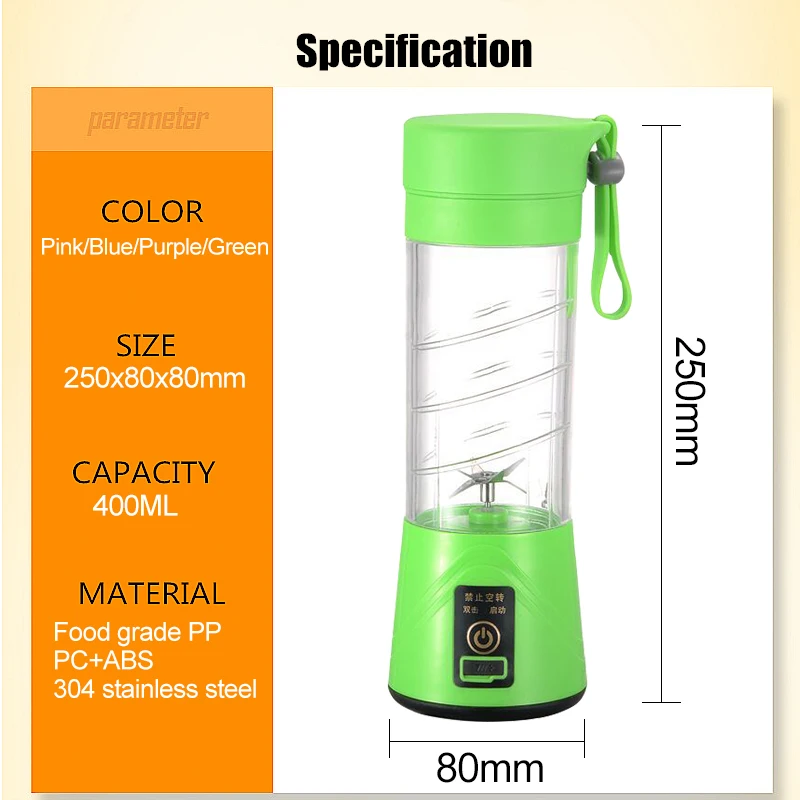 

400ml 6 Blades Portable Blender USB Mixer Electric Juicer Machine Smoothie Blender Mini Food Processor Blender Cup Juice Blender