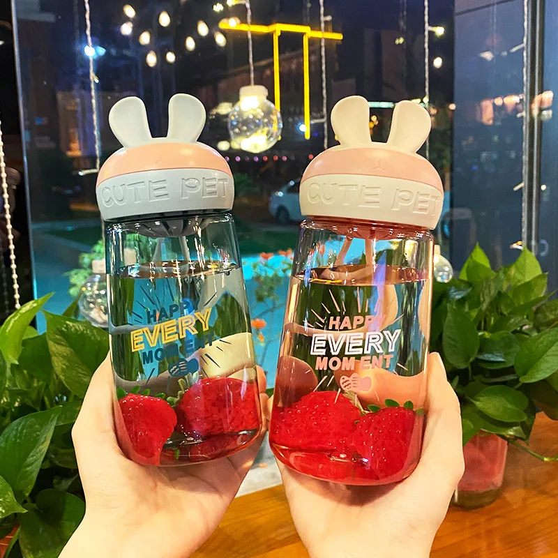 

Plastic Water Bottle Creative Cute Summer Couple Rabbit Cups for Fruit Drink Birthday Chrismas Cartoon Lovely Handy Cute Gift