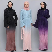 gradient rainbow printed pleated muslim dress stretch muslim abayas dubai islamic was thin abayas with belt f1607 dropship