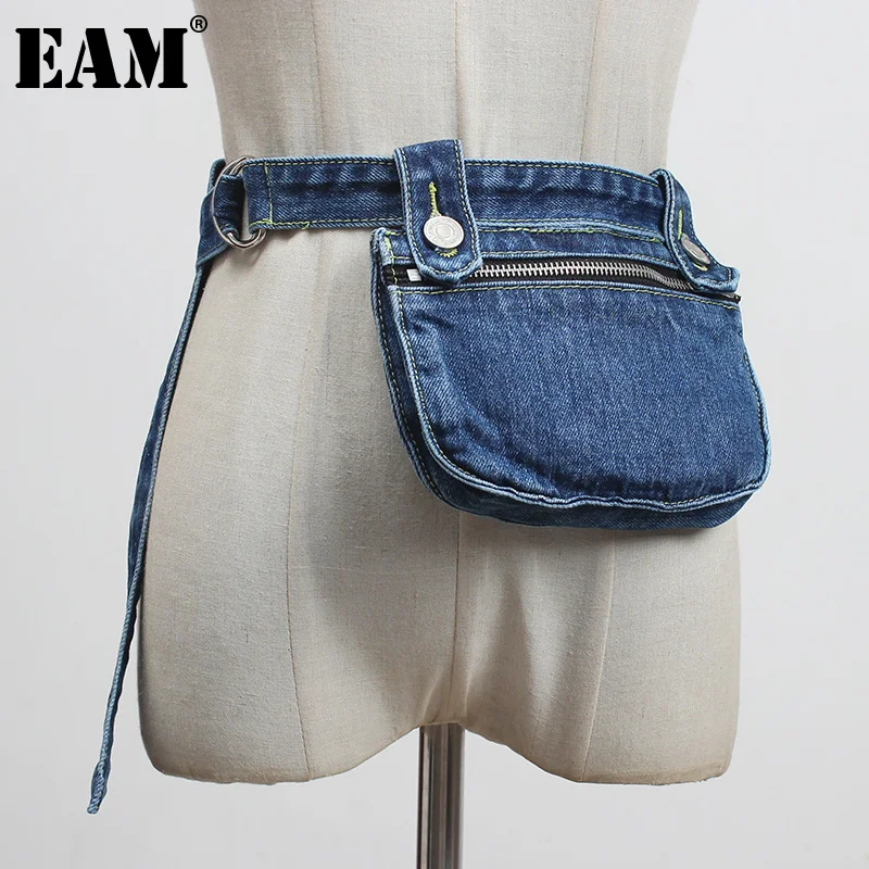 

[EAM] Blue Denim Pocket Split Joint Irregular Long Belt Personality Women New Fashion Tide All-match Spring Autumn 2021 1Z432