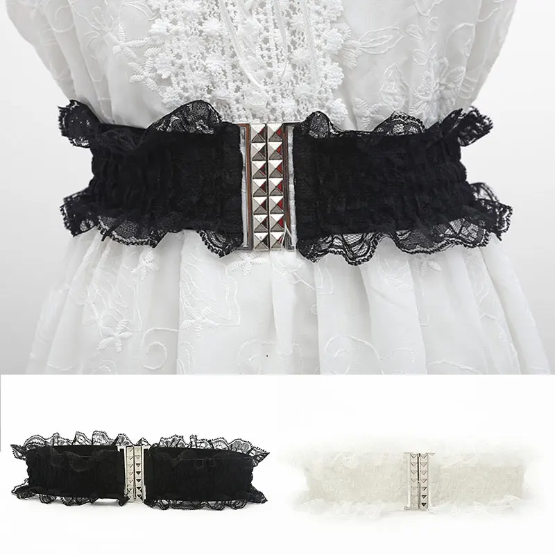 

Fashion Black White Wide Lace Waistband Women Belt Elastic Stretch Dress Waist Belt Buckle Band Ladies Girls Dress Decoration