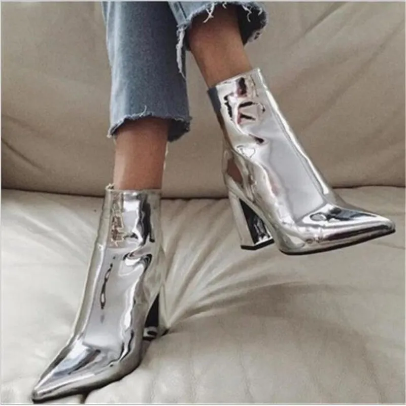 

Fashion Gold Silver Patent Leather Women Ankle Boots Pointed Toe Square Heel Boots Stiletto Women Pumps Chelsea Boots