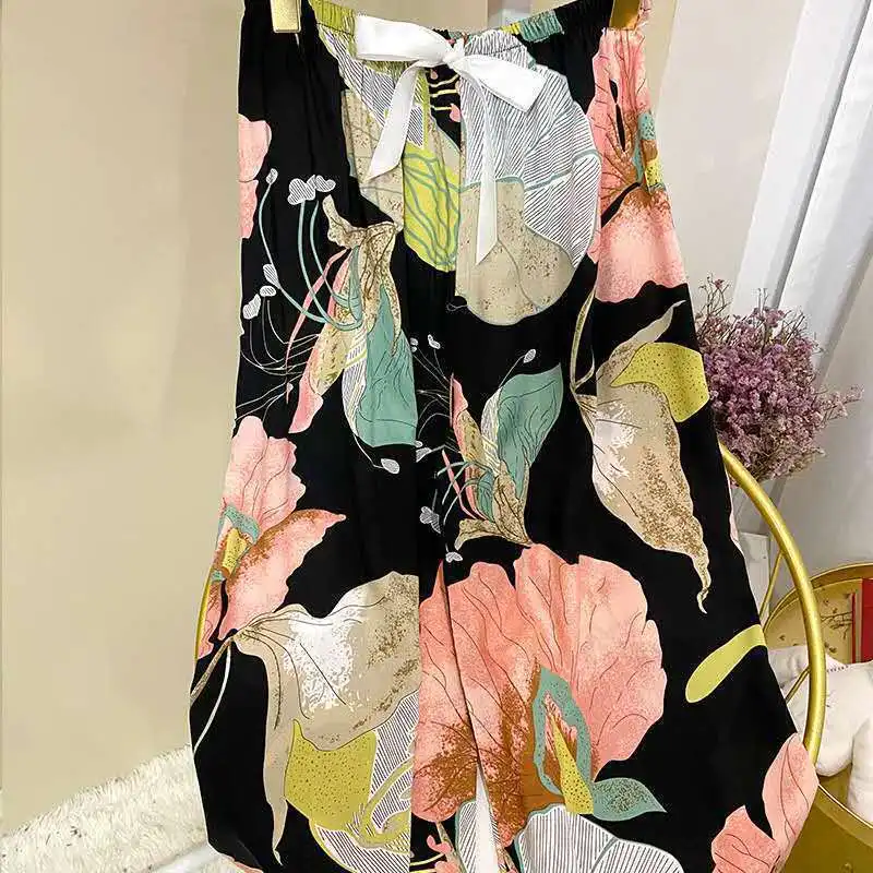

2020 Summer Ladies Loose Sleep Bottoms Pants Printed Soft Cotton Satin Simple Style Wide Leg Homewear Pants Women Casual Wear