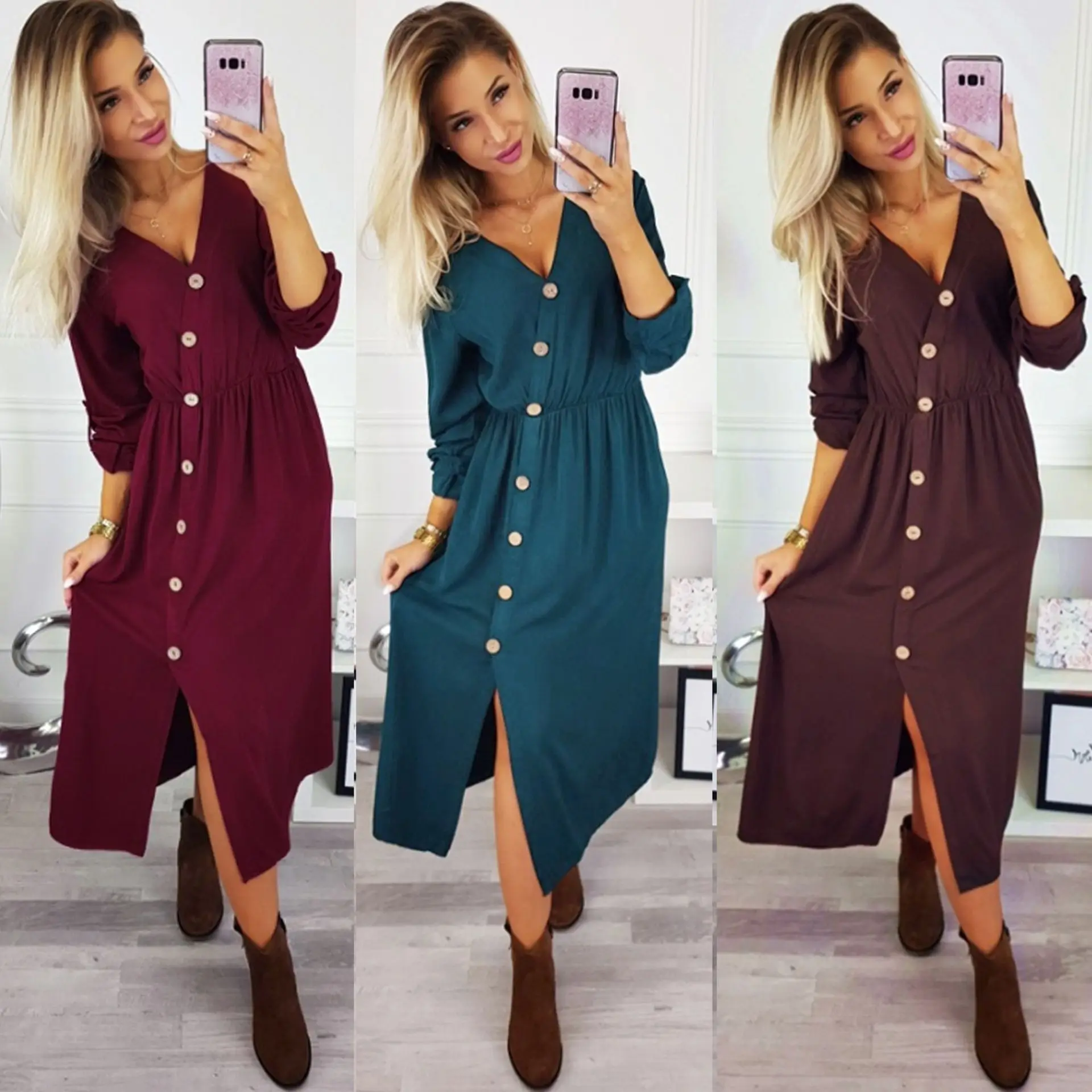 Осеннее повседневное зеленое красное коричневое платье с v образным вырезом и