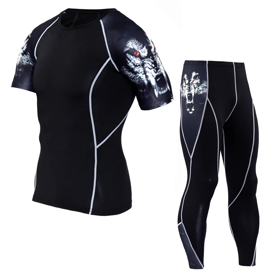Gym Compression Shirt Pants Sport Suit Men MMA Fitness Short Sleeve Male Tracksuit Sportswear Jogging Sets | Спорт и развлечения