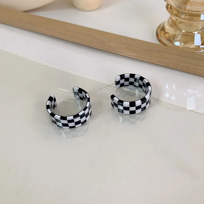 Vintage Fashion Acrylic Colorful Checkerboard Pattern Hoop Earrings Acetate Geometric C-Shaped For Women 2021 Jewelry | Украшения и