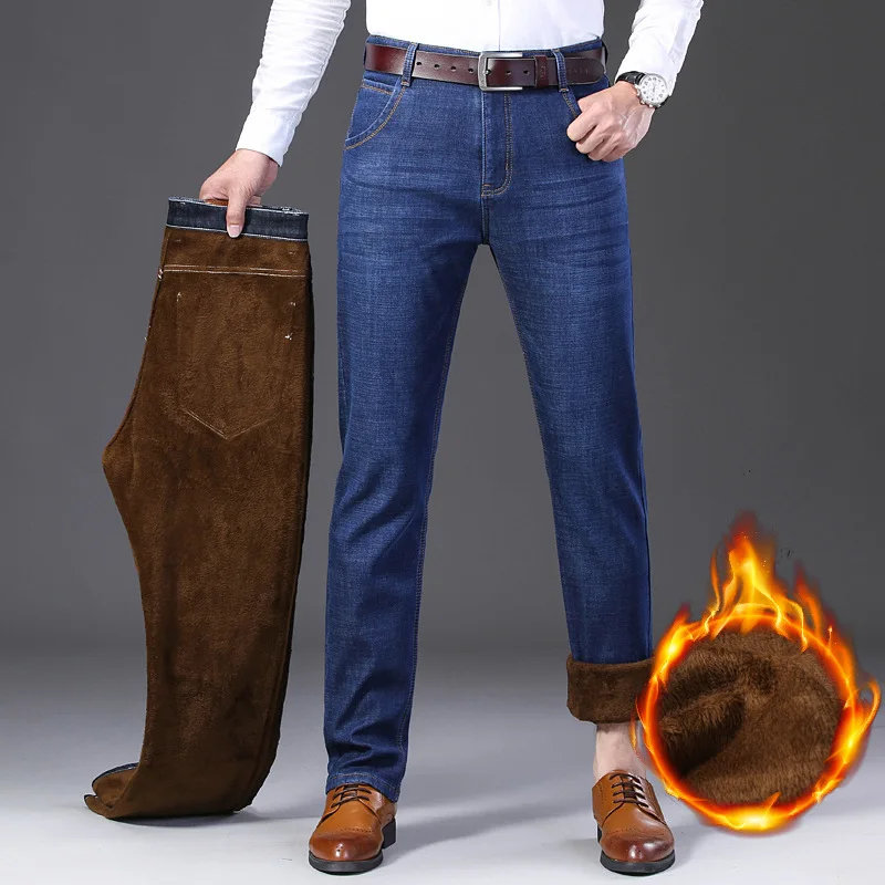 Зимние мужские джинсы 2019 зимние теплые фланелевые Стрейчевые для мужчин прямые