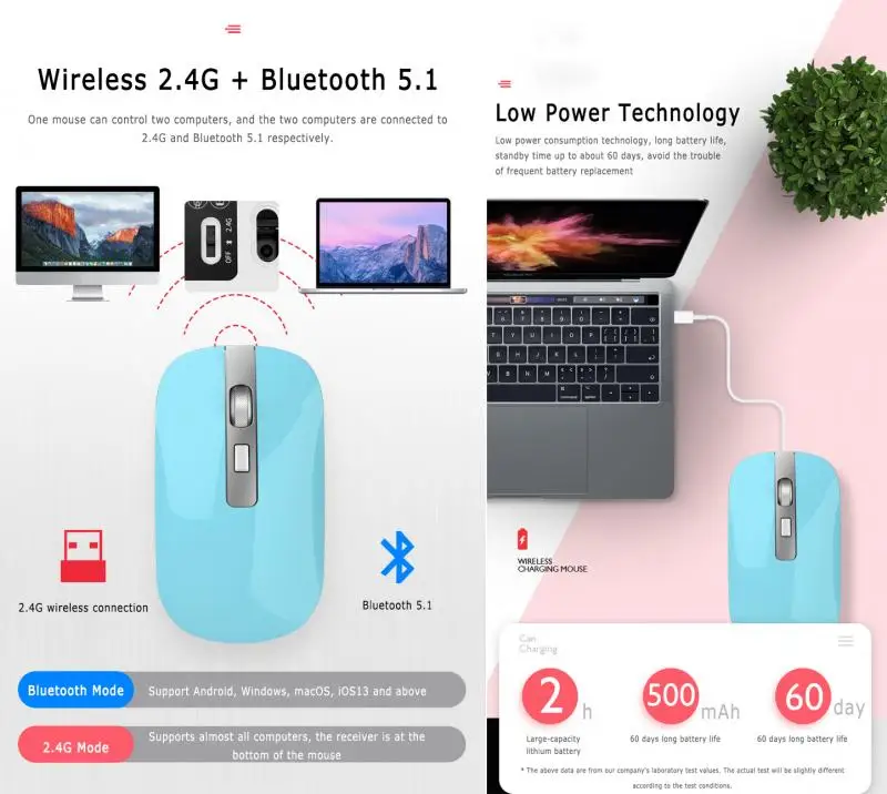 Алюминиевая Беспроводная Бесшумная мышь с двойным режимом Bluetooth 5 1 + 2 4G